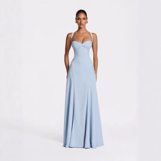 Backless Solid Color Asymmetrical Strap Long Dress