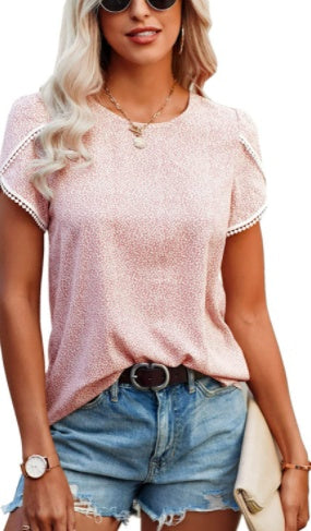 Lace Stitched Polka Dot Short Sleeved T Shirt Chiffon Top