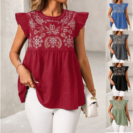 Ethnic Style Embroidered Straight Shoulder Flutter Sleeve Fashion Casual Short Shirt