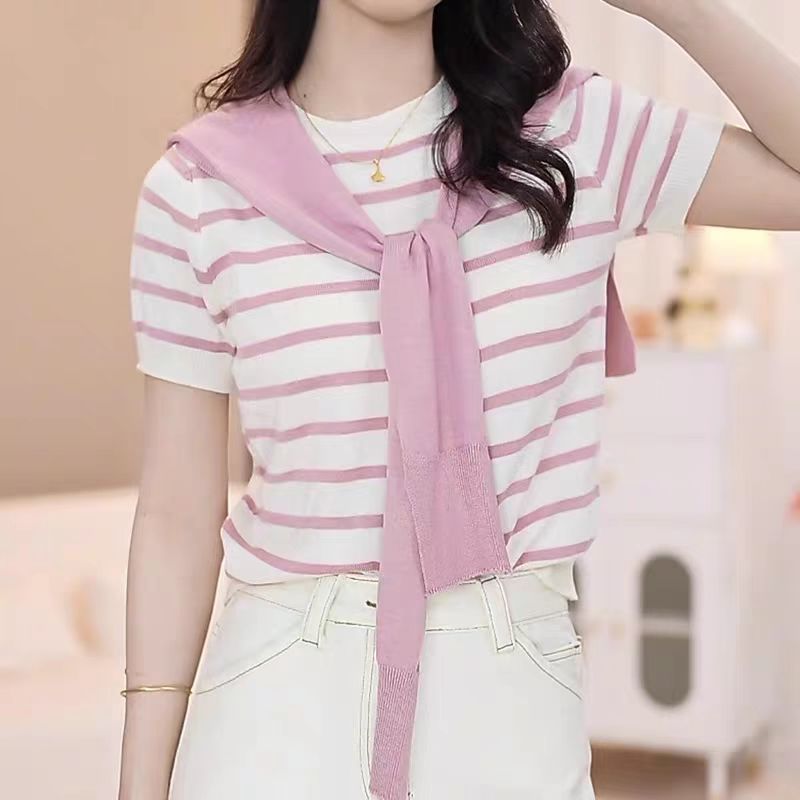 Women's Shawl Contrast Color Striped Short Sleeve Knitted