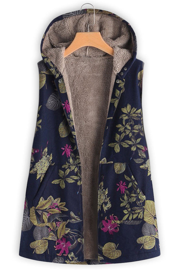 Women's Vintage Cotton And Linen Printed Casual Hooded Sleeveless Plush Coat Vest