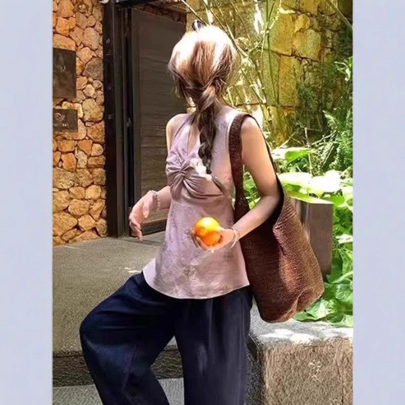French Style Vacation Style V-neck Knot Halterneck Vest Sling