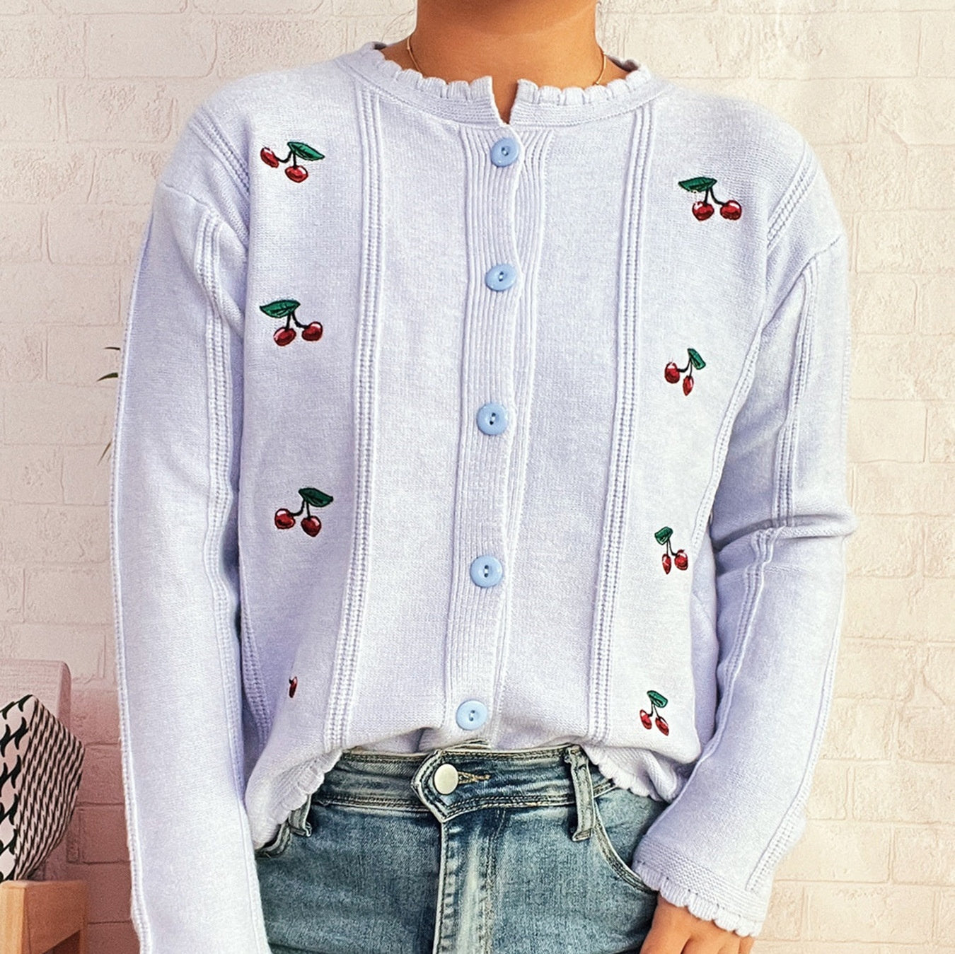 Kirsebærbroderet Sød Stil Bølget Rund Hals Enkeltradet Sweater Cardigan
