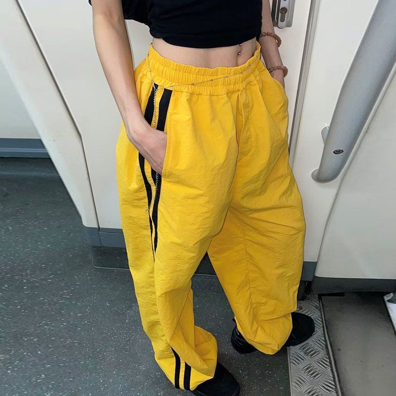 Casual Straight Pants Women's Summer Thin High Waist Striped Stitching Style Wide Leg Loose Track Pants