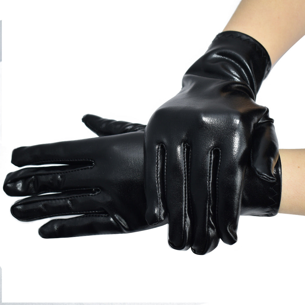 Women's Short Bright Leather Play Punk Gloves