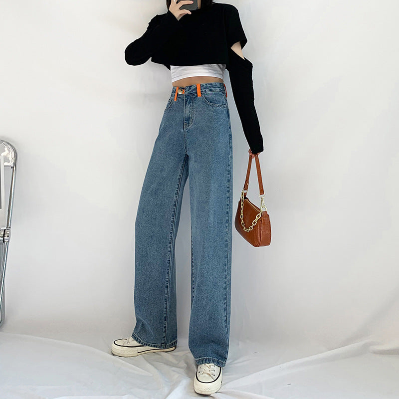 High-waisted Straight-leg Loose-fitting Elasticated Back Waist Denim Wide-leg Pants