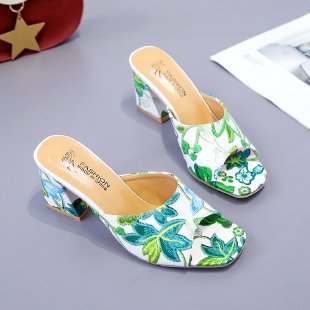 Dame fritids udendørs slip-in sandaler med tyk hæl og print