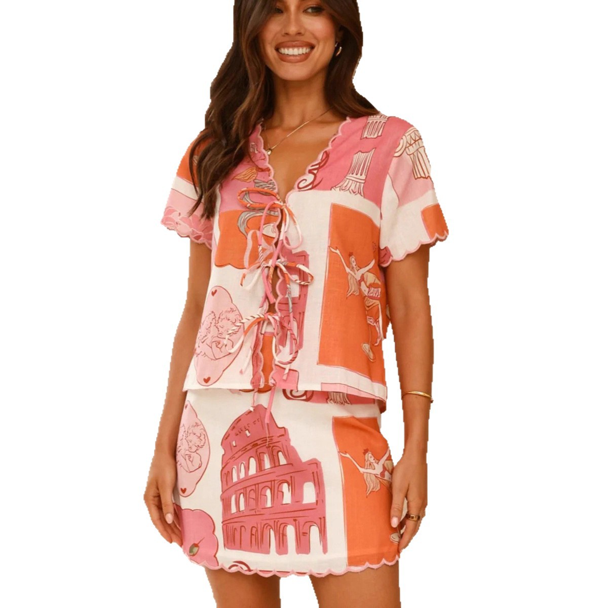 Lace Print V-neck Tie Fashion Suit Women's Clothing