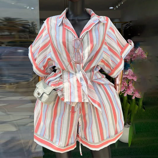 Notch-collar Striped Short-sleeve Shirt And Lace-up Wide-leg Shorts Set