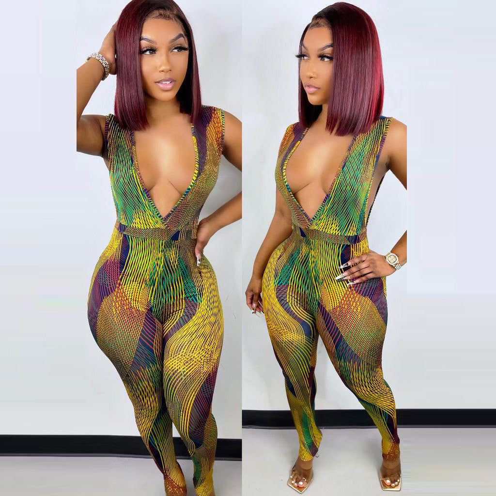 European And American Sexy Deep V Stripe Digital Printing One-piece Nightclub Uniforms
