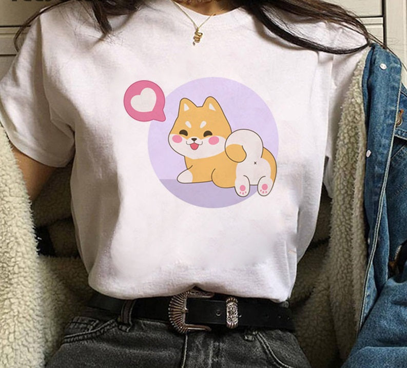 Cute Shiba Inu Print Men And Women Couple T-shirt Bottoming
