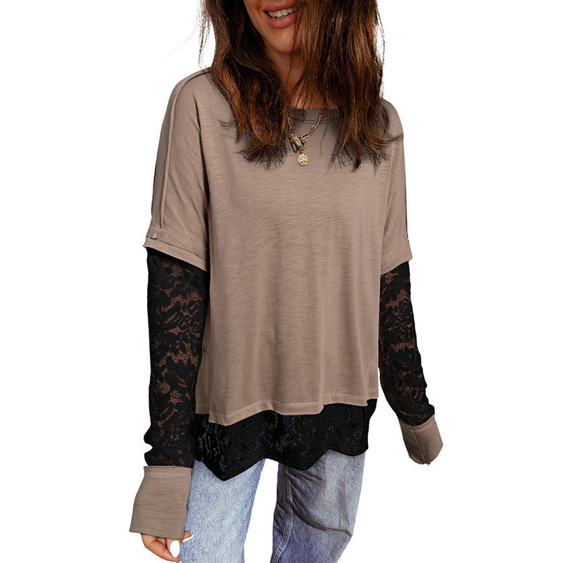 Light French Beige Sheer Lace Patchwork Casual Long-Sleeve T-Shirt