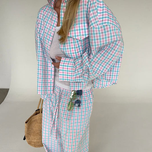 Plaid Lapel Long-sleeve Shirt And Loose-fitting Trousers Set