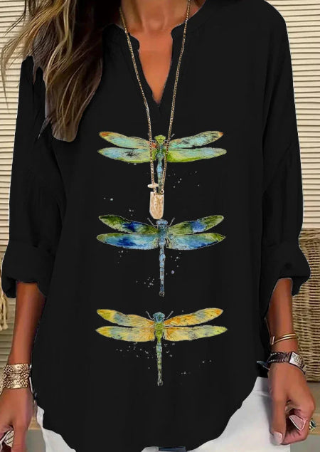 European And American Women's Clothing Small V Stand Collar Button Drop-shoulder Long-sleeve Women's T Curved Hem Clothes