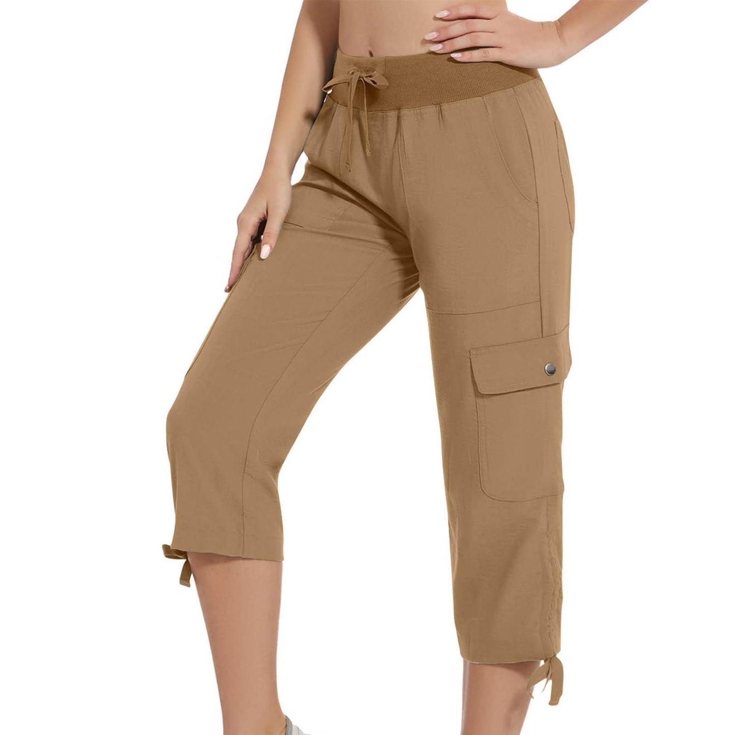 Womens Workwear Cropped Pants With Pockets And Elastic Waistband Stylish And Casual