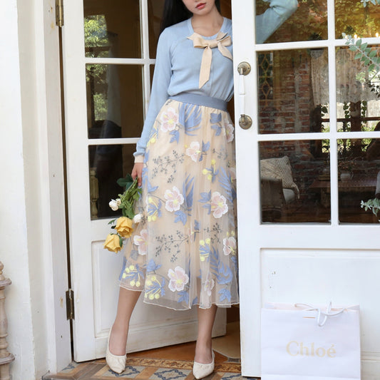 New Mesh Floral High Waisted Elastic Skirt