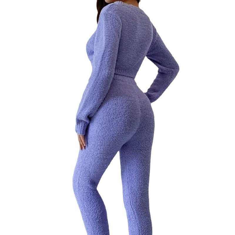 Casual Short Knitted Sweater Plush Suit Women