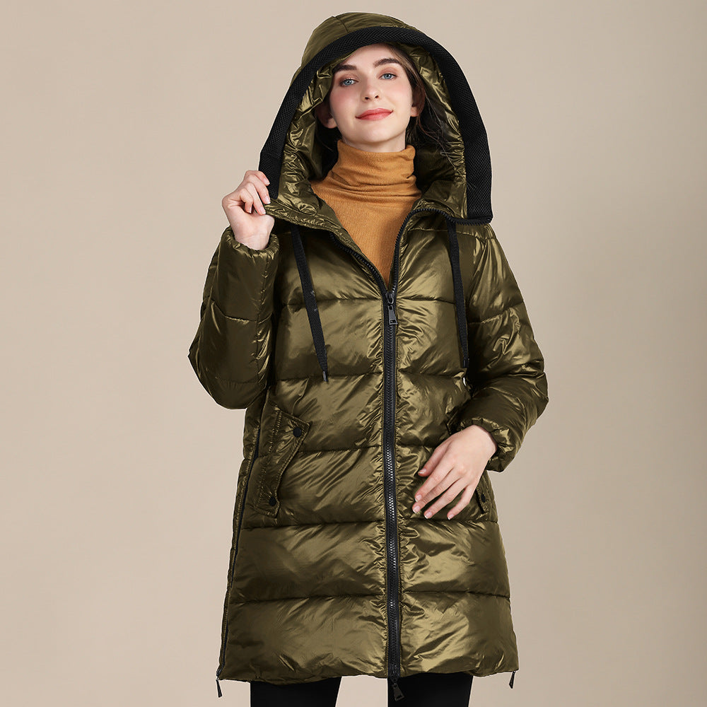 Dames Gewatteerde Nylon Glanzende Brood Hoodie Winterjas