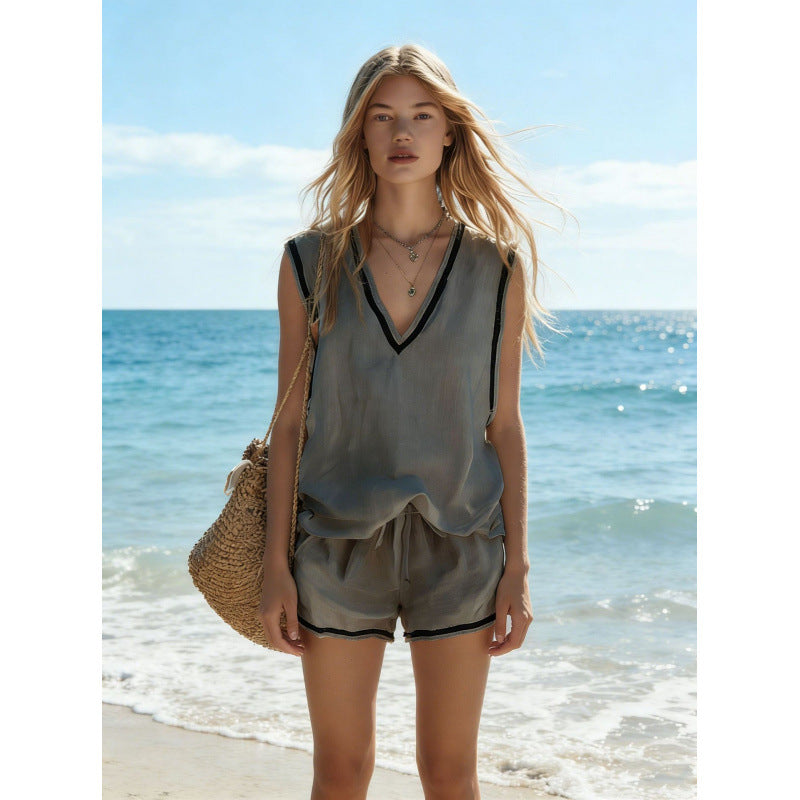Women's V-neck Vest And Shorts Two-Piece Set