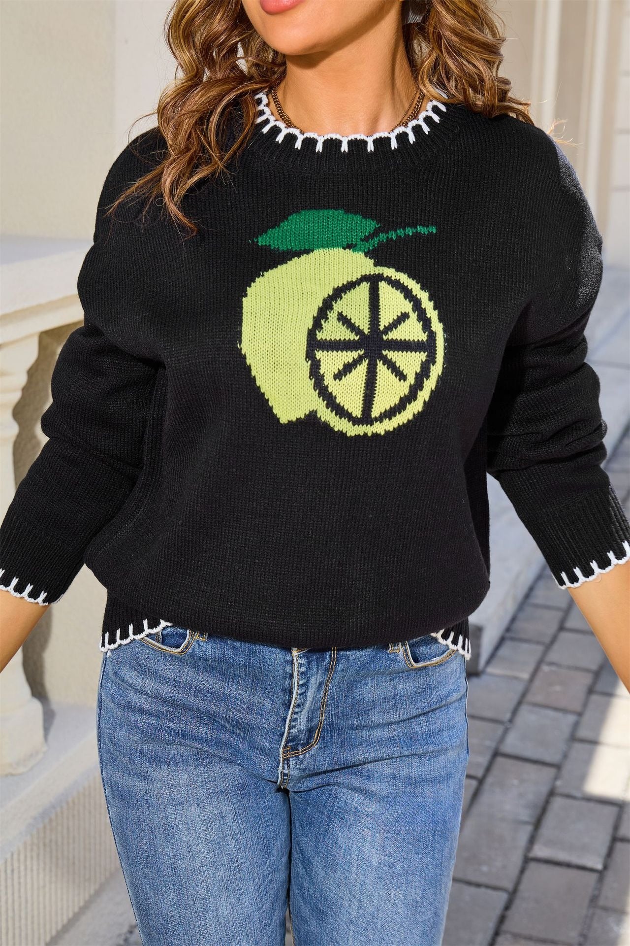 Lemon Jacquard All-match Crew Neck Pullover Sweater