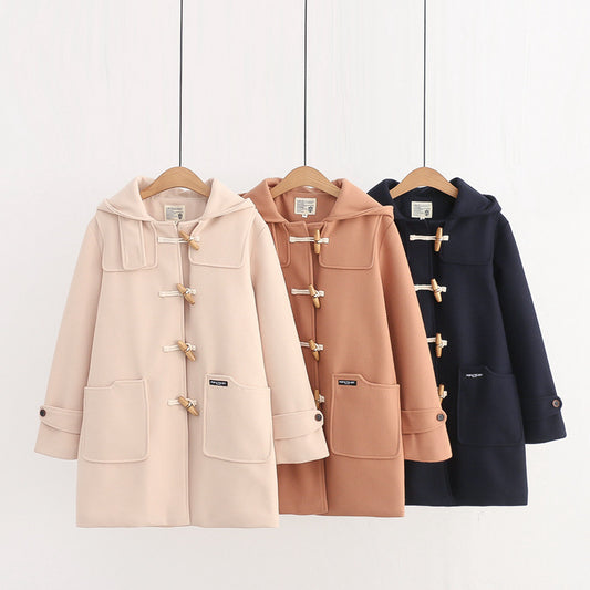Retro Horn Button Hooded Woolen Coat
