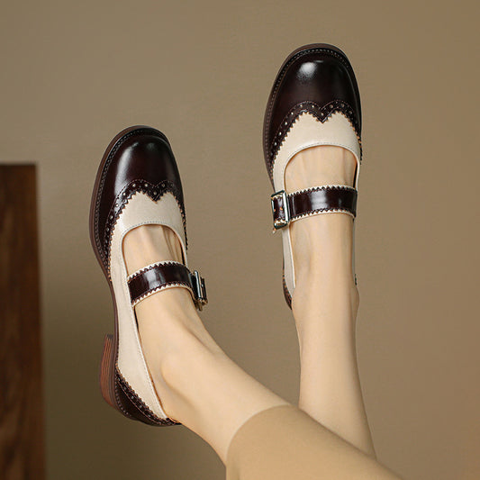 Square Head Female Color-blocking Leather Shoes Middle Documentary
