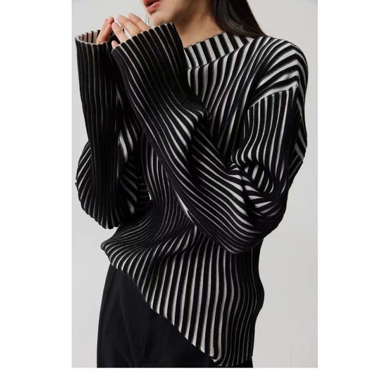 Long Sleeve Sweater Black And White Contrast Color Texture Half Turtleneck Sweater
