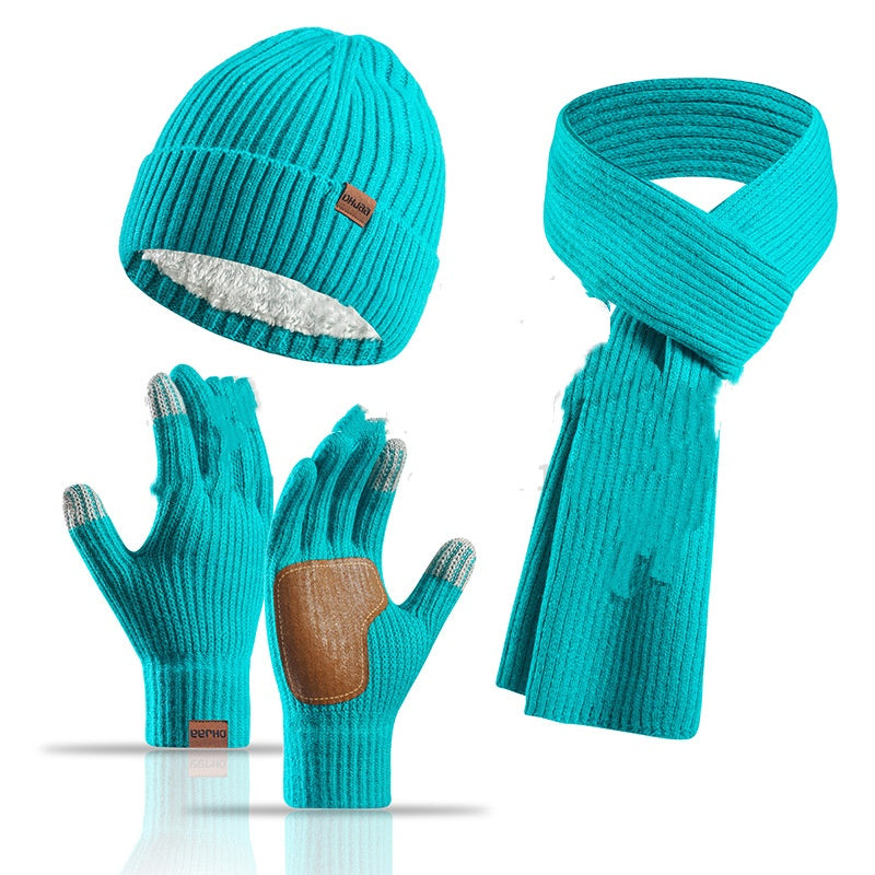 Winter Women's Wool Hat Scarf Gloves Plus Leather Non-slip Three-piece Set