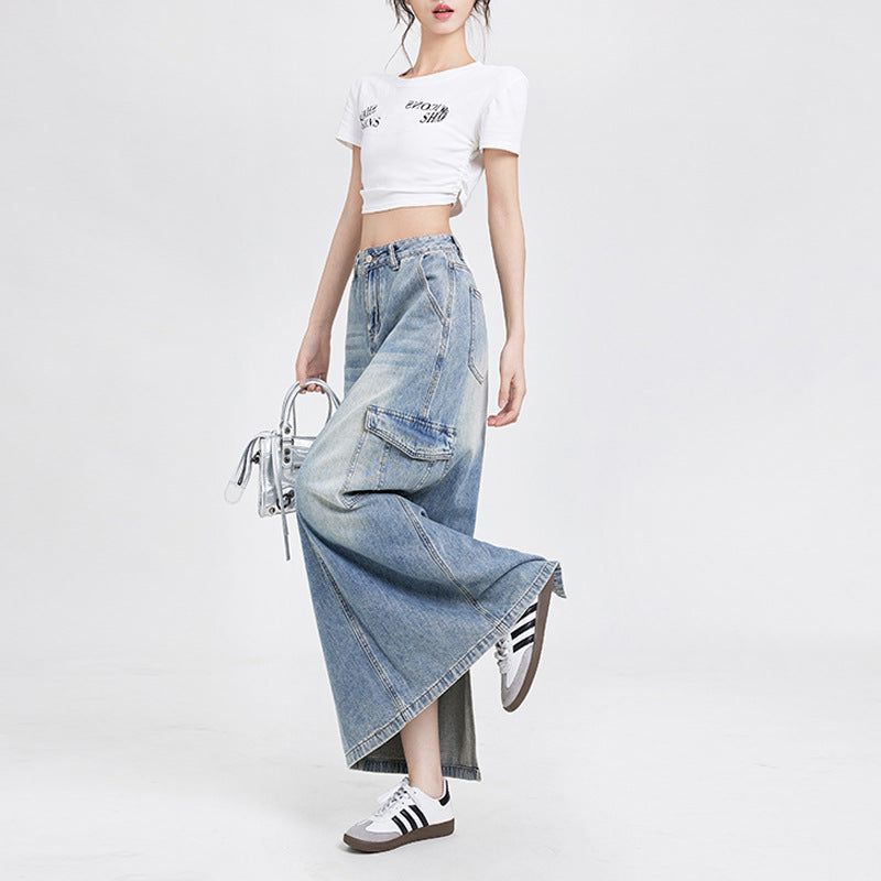 Women's A- Line Denim Skirt Fashion Wash Long Skirt