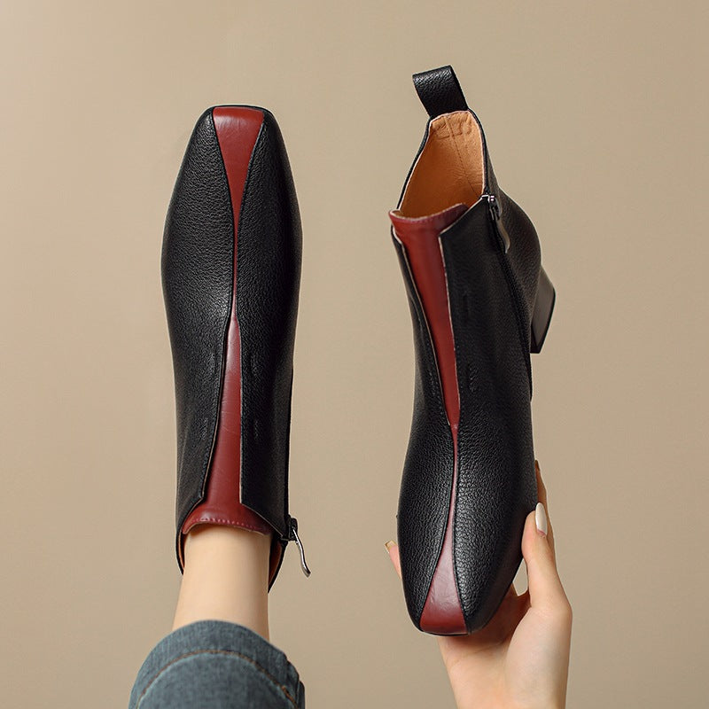 Womens Retro Square-Toe Sheepskin Chunky-Heel Ankle Boots