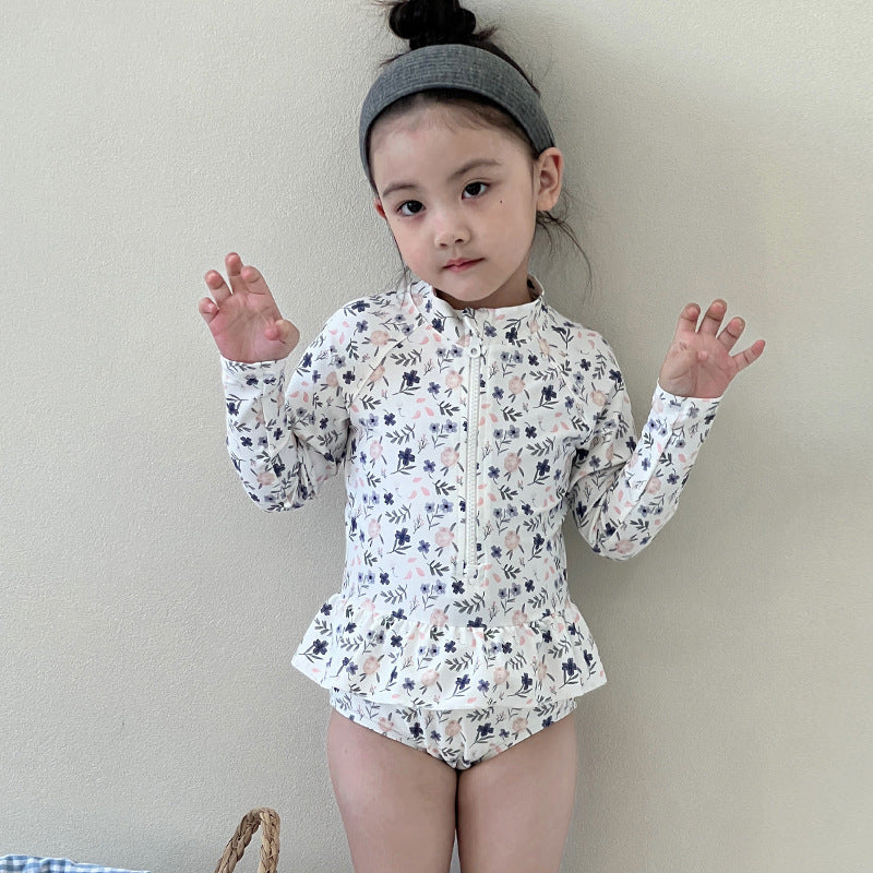Girls' Long-sleeved Floral One-piece Swimsuit