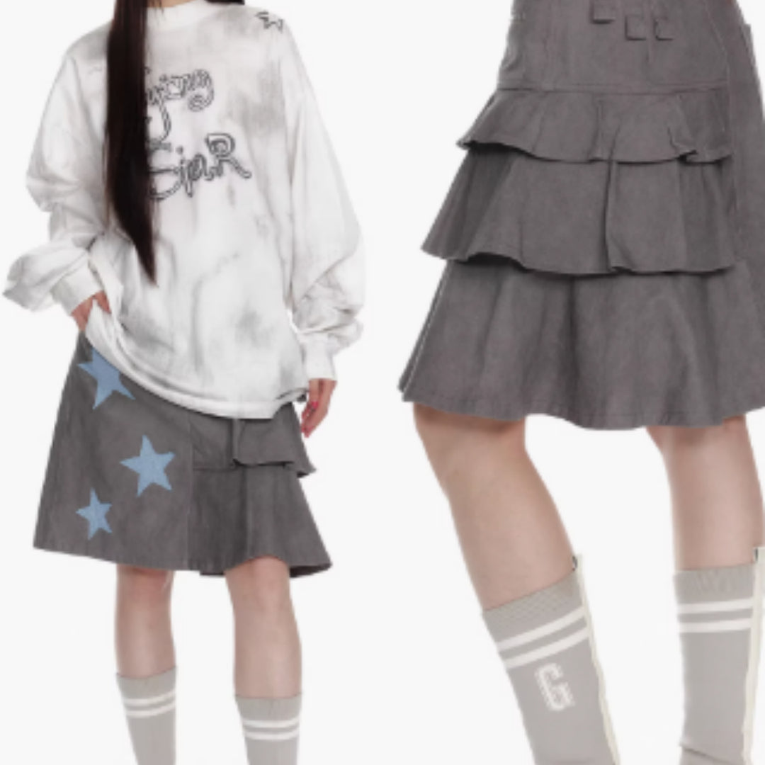 Bubble Gauze Plaid Patchwork Star Pleated Skirt For Women