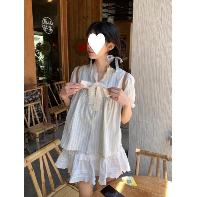 Bow Chic Lace Puff Sleeve Striped Shirt