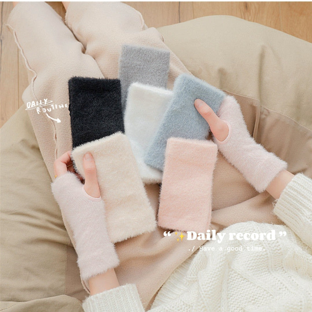 Autumn And Winter Mink Velvet Solid Color Half Gloves Fleece-lined