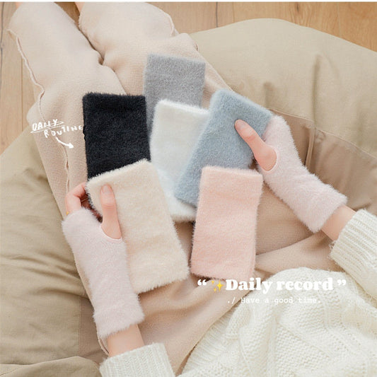 Autumn And Winter Mink Velvet Solid Color Half Gloves Fleece-lined