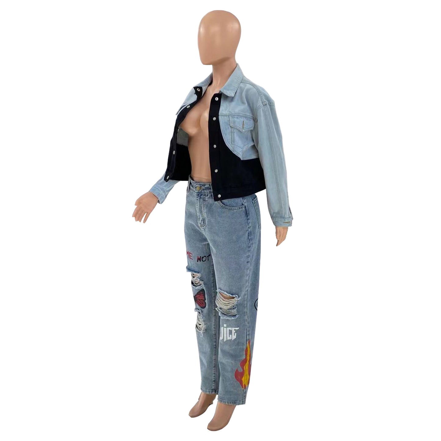Kvinder digitalt placeret print ripped fashion jeans