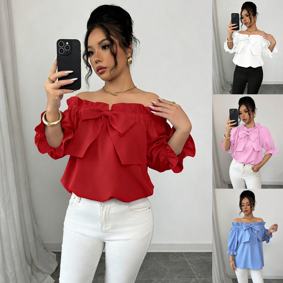 Womens Boat-neck Top With Ruffled Edges And A Bow Detail