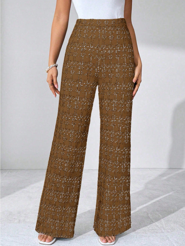 Woven Plaid High Waist Straight Women's Pants