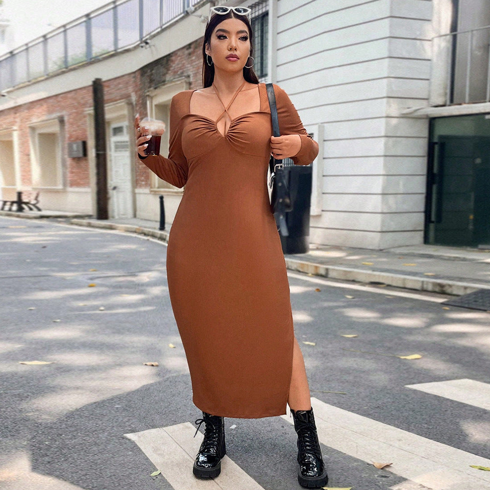 European And American-style Caramel-colored Halter Dress For Women