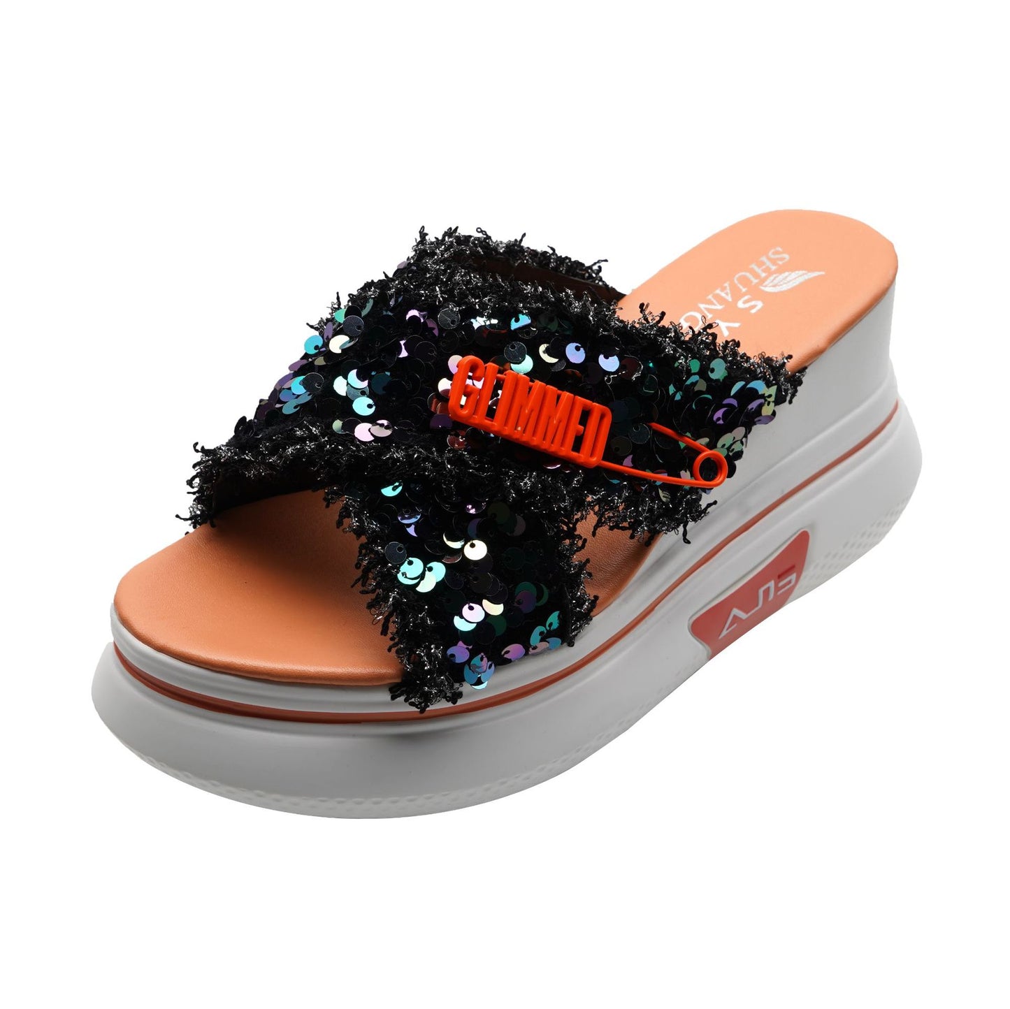 Fashion Sequined Sponge Cake, Thick-soled Crossover, Wedge Heel Sandals And Slippers