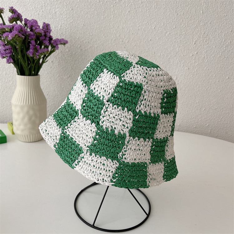 Checkerboard Plaid Coarse Wool Knitted Fisherman Hat Handmade For Women