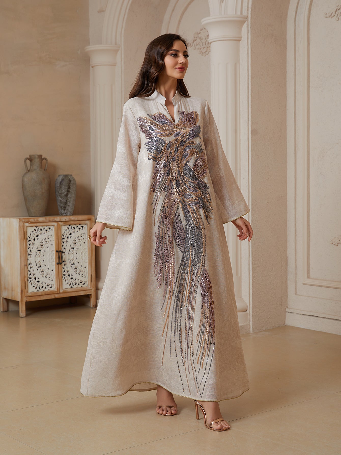 Muslim Womens Dress Made Of Mesh Fabric With Sequins