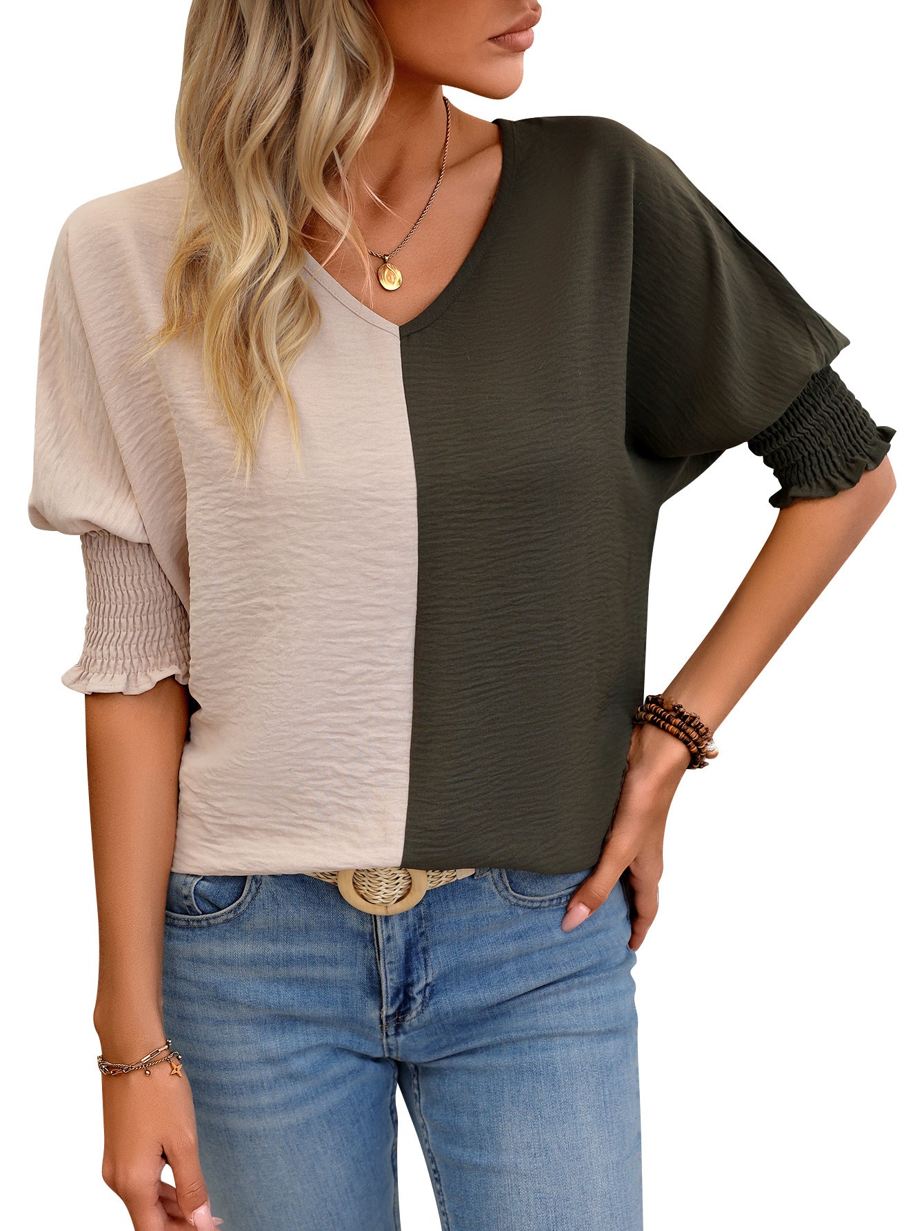 V-hals Løs Smock Batwing-ærme Farvematchende Top