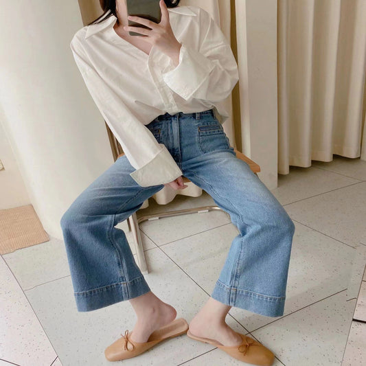 Women's Light Blue Distressed Ninth Micro Flared Jeans
