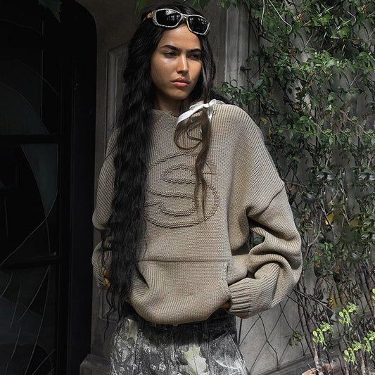 Women's Clothing Solid Color Loose Long Sleeves Pullover Patchwork Letters Fashion Sweater