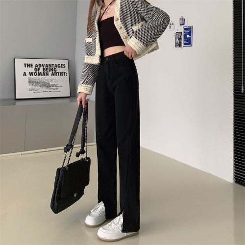 Split Black Jeans High Waist Micro Flared Small Straight Leg