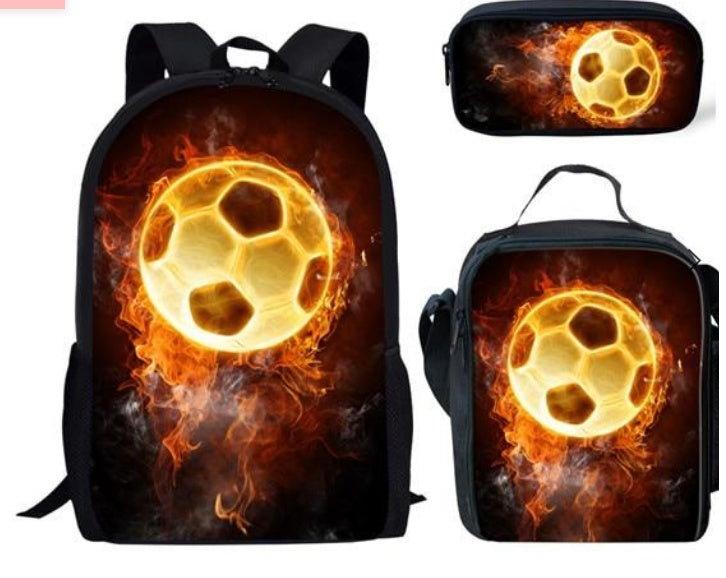 Football Print Children's Three-piece Backpack Satchel Big Pen Bag Student Backpack