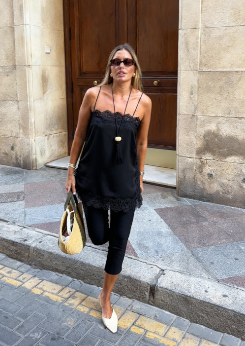 Lace-Trimmed Solid-Color Womens Sexy Strappy Top In A Sassy Chic Style