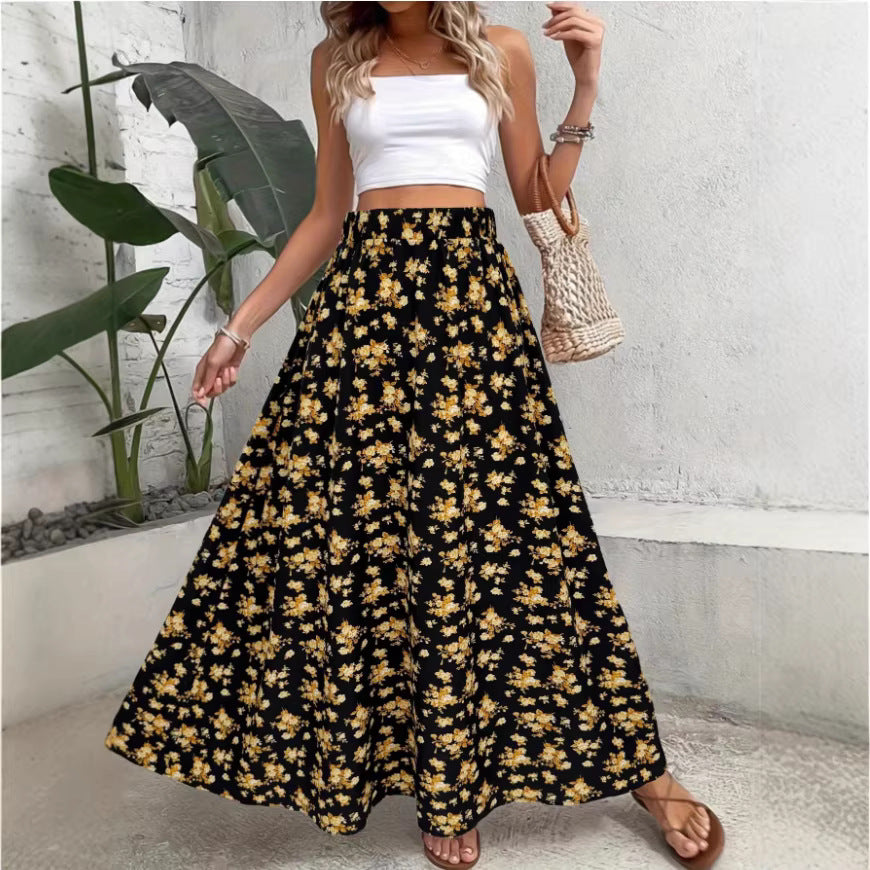 Bohemian Floral Print Waist-Cinching Lightweight Flowy Summer Maxi Skirt