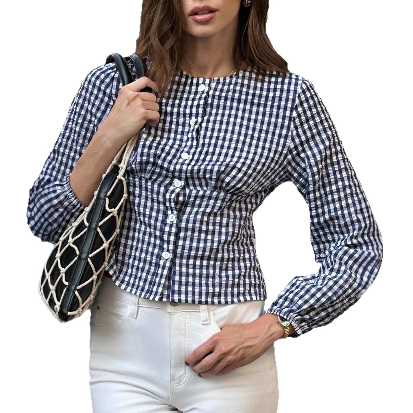 Women's Retro Casual Round Neck Plaid Shirt